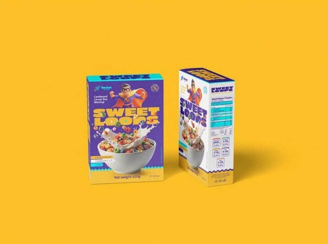 Two cereal boxes for a brand called "Sweet Loops" are shown against a bright yellow background. The box features a superhero mascot and an image of colorful loop cereal in a bowl.