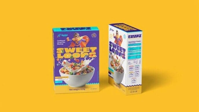 Two cereal boxes for a brand called "Sweet Loops" are shown against a bright yellow background. The box features a superhero mascot and an image of colorful loop cereal in a bowl.
