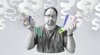A worried man wearing glasses holds up a fan of long paper receipts in front of a background filled with large, faded dollar signs, symbolizing financial stress and economic concerns.