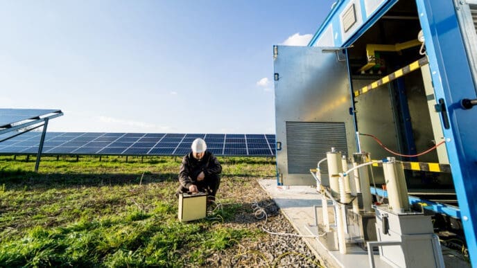 An engineer wearing a hard hat crouches to work on testing equipment at a solar farm, with rows of solar panels in the background and an open energy storage container unit nearby.