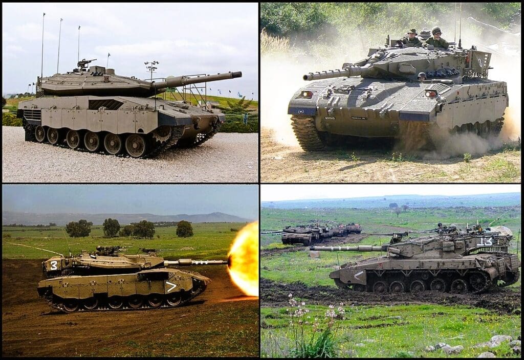 A four-panel collage showing different generations of the Israeli Merkava main battle tank in various situations: a static side-profile view, moving at speed, firing its main cannon with a large muzzle flash, and maneuvering in a field.