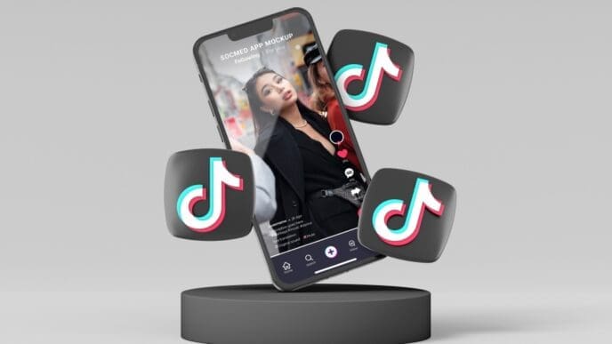 A smartphone displaying a social media app's video feed is shown floating above a dark cylindrical base, with three stylized musical note icons (TikTok logos) floating around it, all against a plain grey background.