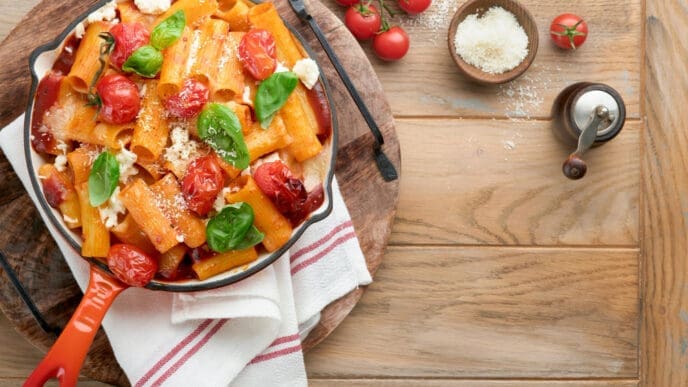 A top-down view of pasta tortiglioni with tomato sauce, baked cherry tomatoes, mozzarella cheese, and fresh basil in an orange skillet on a rustic wooden table, with grated Parmesan and whole tomatoes on the side.