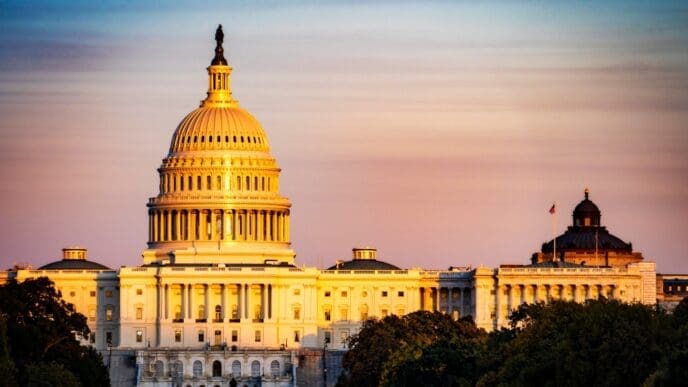 The U.S. Capitol Building is bathed in warm, golden light during sunset or sunrise, with its iconic dome, columns, and expansive wings visible against a pastel-colored sky.