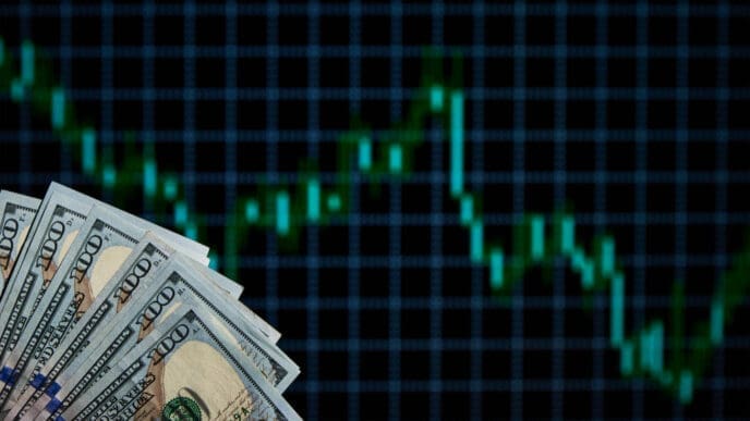 A fan of one-hundred-dollar bills is shown in the foreground against a blurry, glowing green financial stock chart in the background that shows a sharp downward trend.