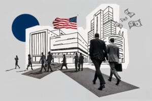 A mixed-media collage about the U.S. job market, featuring black and white photos of business people walking, line drawings of skyscrapers, floating dollar bills, and a full-color American flag.
