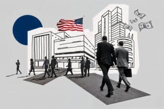 A mixed-media collage about the U.S. job market, featuring black and white photos of business people walking, line drawings of skyscrapers, floating dollar bills, and a full-color American flag.