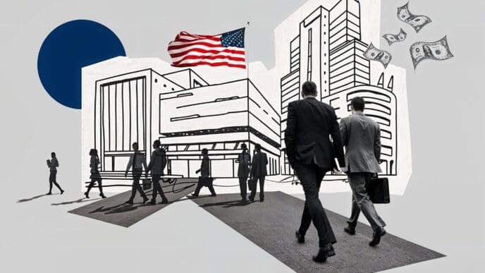 A mixed-media collage about the U.S. job market, featuring black and white photos of business people walking, line drawings of skyscrapers, floating dollar bills, and a full-color American flag.