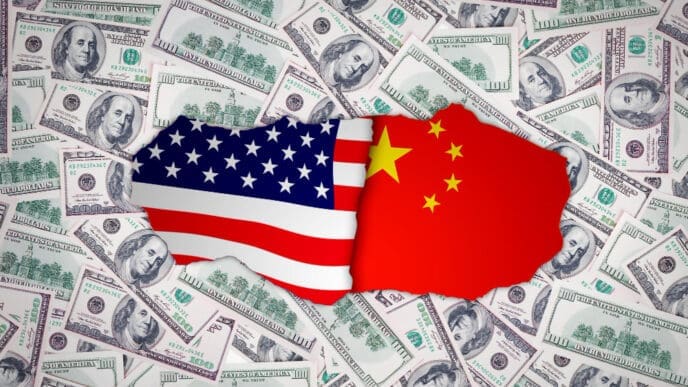 A conceptual image showing puzzle pieces shaped like the U.S. flag and the Chinese flag, fitted together in the center of a background made of scattered U.S. hundred-dollar bills.