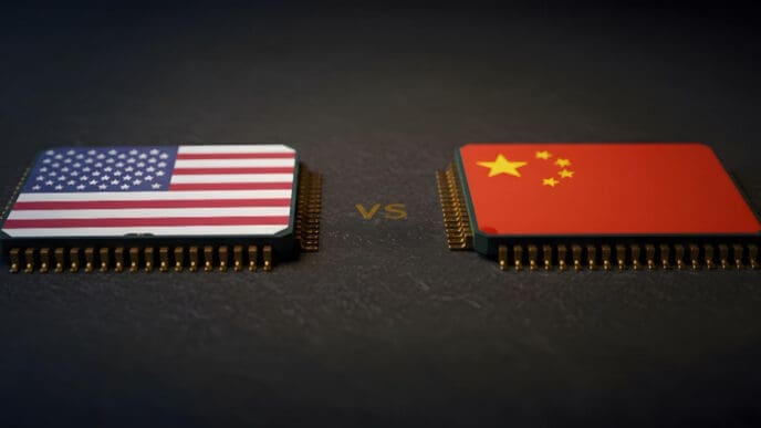 A conceptual image showing two computer microchips on a dark surface, facing each other. The chip on the left is decorated with the flag of the USA, and the chip on the right has the flag of China, with the letters "VS" between them.