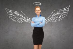A smiling young businesswoman in professional attire is depicted with a conceptual overlay, such as a glowing shield icon, representing business and personal security.