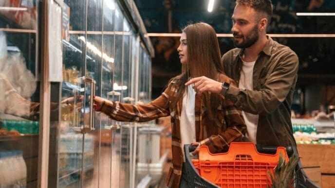 A side view of a young couple, who appear to be White, shopping in a supermarket. The woman is opening the glass door to a refrigerated aisle while the man stands behind her and points at a product.