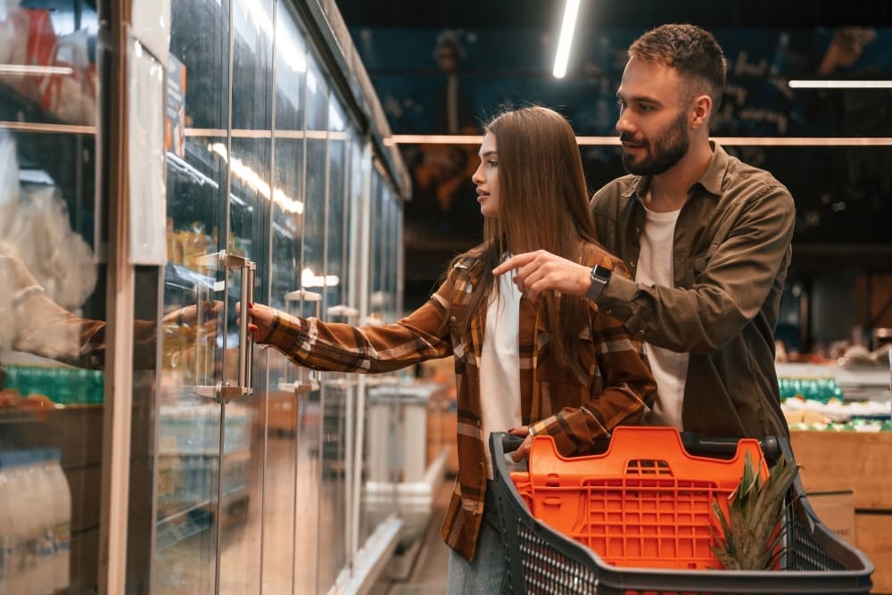 A side view of a young couple, who appear to be White, shopping in a supermarket. The woman is opening the glass door to a refrigerated aisle while the man stands behind her and points at a product.