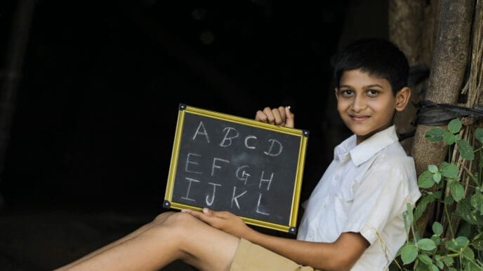 A smiling young boy, who appears to be of Indian descent and is wearing a school uniform, sits on the ground while holding up a small chalkboard with the letters of the alphabet written on it.