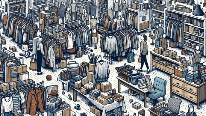 Shoppers browsing racks of clothes in a busy thrift store filled with various items.