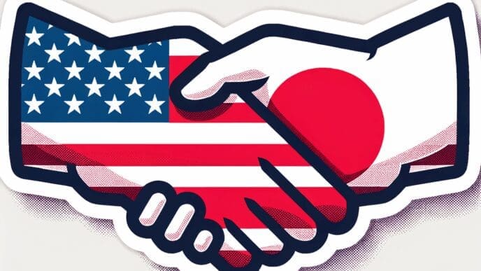 A handshake between two individuals with the Japanese flag on one sleeve and the U.S. flag on the other, symbolizing cooperation.