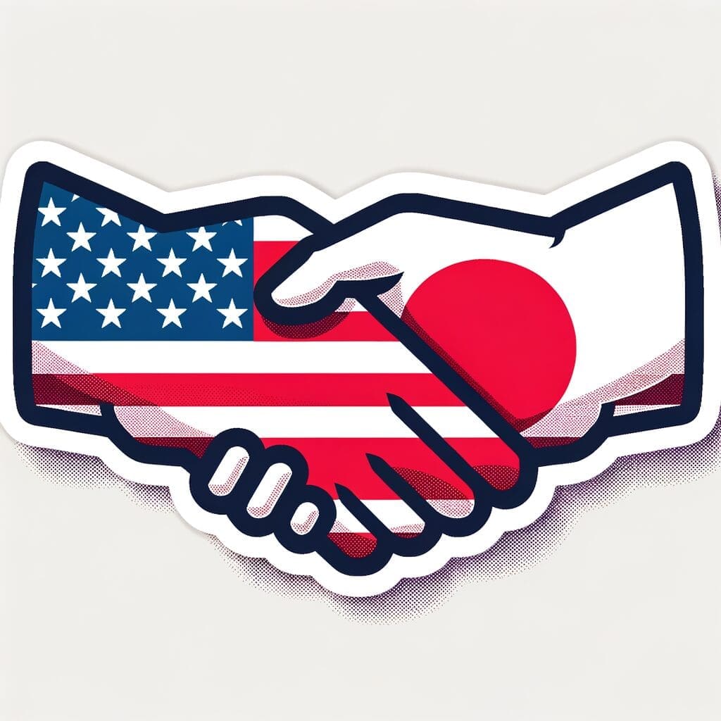A handshake between two individuals with the Japanese flag on one sleeve and the U.S. flag on the other, symbolizing cooperation.