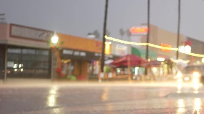 A blurry, low-angle photo of a city street at night or dusk during heavy rain, showing bright reflections of streetlights and car headlights on the wet road, with blurred storefronts and palm trees in the background.
