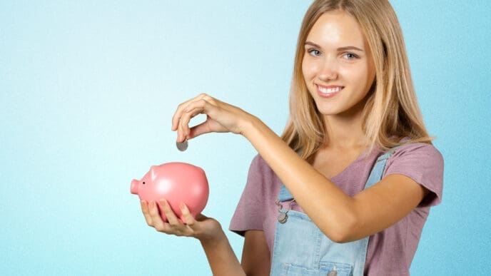 A smiling young woman putting a coin into a pink piggy bank.
