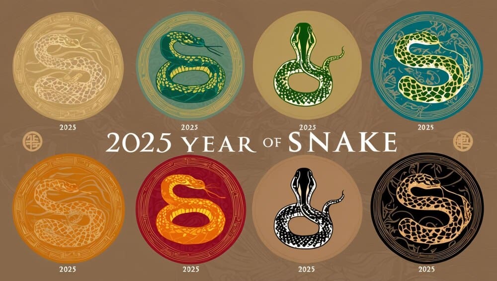 Illustrations depict various stylized depictions of a snake, representing the Chinese zodiac animal for the year 2025.