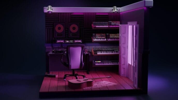 A miniature 3D music studio features synthesizers, a guitar, and creative purple lighting.