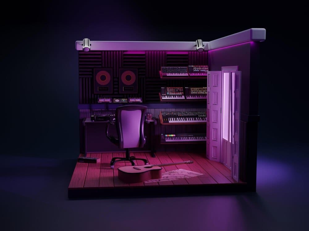 A miniature 3D music studio features synthesizers, a guitar, and creative purple lighting.