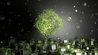 3D rendering of abstract geometric shapes in green rotating against a dark background.