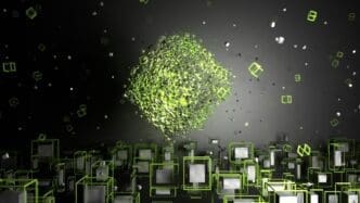 3D rendering of abstract geometric shapes in green rotating against a dark background.
