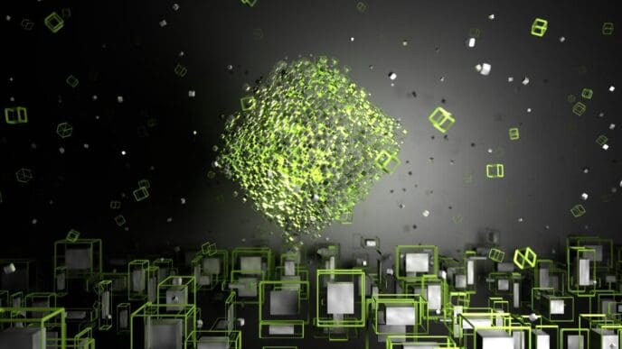 3D rendering of abstract geometric shapes in green rotating against a dark background.