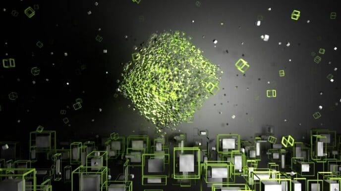 3D rendering of abstract geometric shapes in green rotating against a dark background.