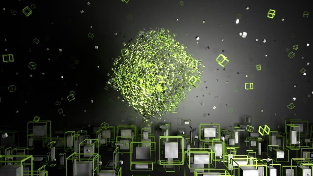 3D rendering of abstract geometric shapes in green rotating against a dark background.