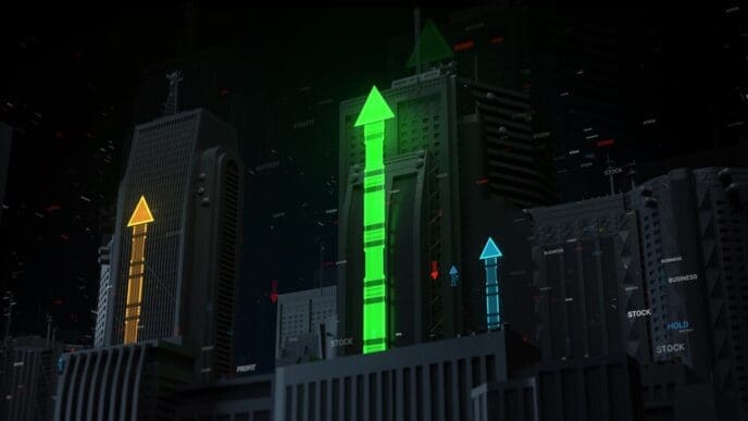3D render of a cityscape with skyscrapers and vertical arrows, overlaid with financial and business-related text particles.