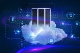 3D rendering depicts a server room with cloud computing technology.