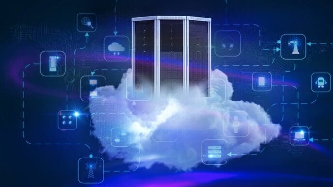 3D rendering depicts a server room with cloud computing technology.