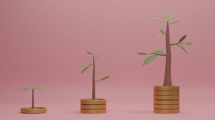 3D rendering of several stacks of coins with small trees growing on top, set against a pink backdrop.