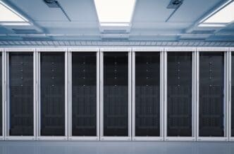 A 3D rendering depicts a server room filled with rows of computer servers.