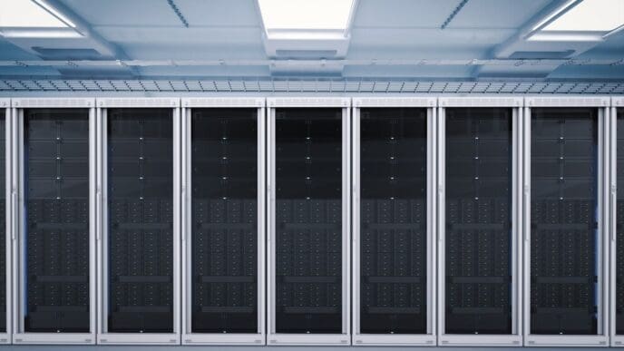 A 3D rendering depicts a server room filled with rows of computer servers.