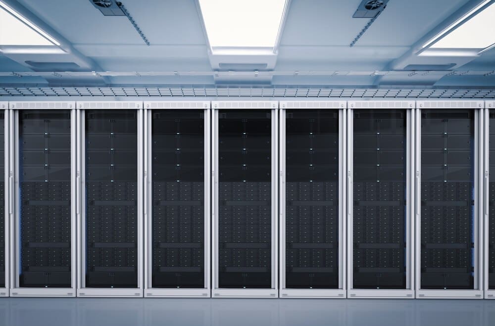 A 3D rendering depicts a server room filled with rows of computer servers.