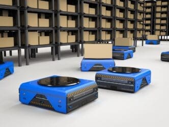 A 3D rendering depicts a warehouse robot operating within a factory setting.