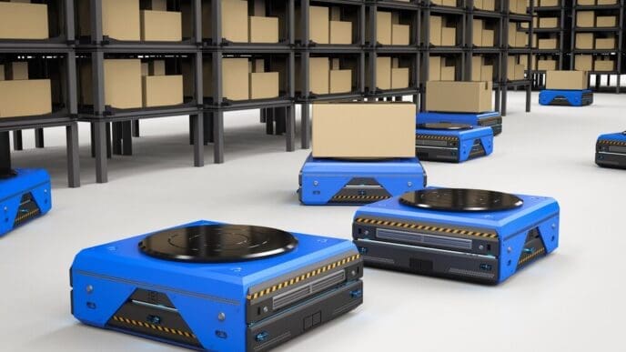 A 3D rendering depicts a warehouse robot operating within a factory setting.