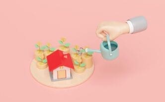 A 3D rendering depicts a businessman holding a watering can, tending to a growing tree made of stacked coins on a stage podium.