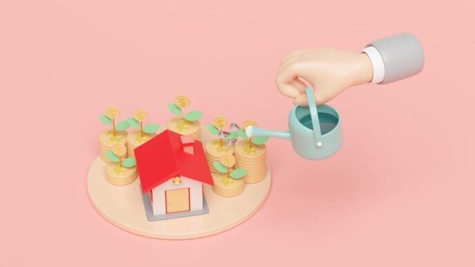 A 3D rendering depicts a businessman holding a watering can, tending to a growing tree made of stacked coins on a stage podium.