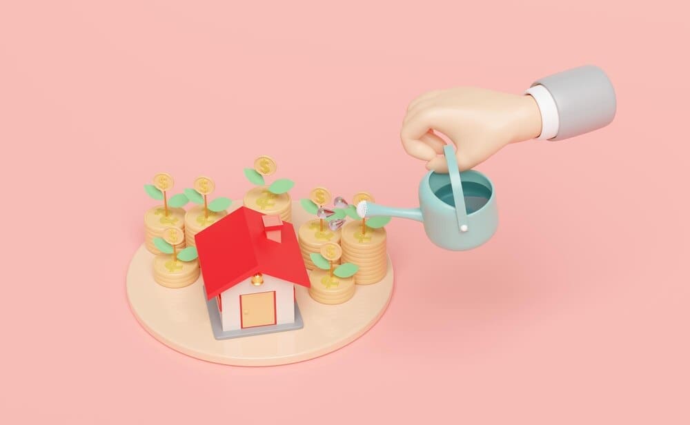 A 3D rendering depicts a businessman holding a watering can, tending to a growing tree made of stacked coins on a stage podium.