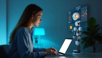 A young woman working on a laptop, interacting with a humanoid AI robot displaying data screens, in a modern, dimly lit setting.