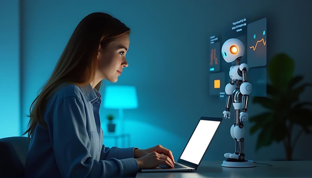 A young woman working on a laptop, interacting with a humanoid AI robot displaying data screens, in a modern, dimly lit setting.