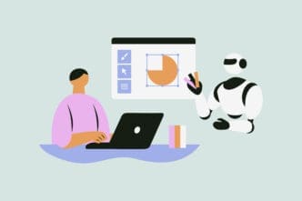 A flat illustration of a person working on a laptop alongside a robot, who is assisting with a design project on a screen, symbolizing an AI project management tool.