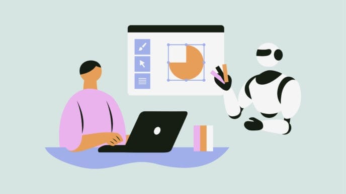 A flat illustration of a person working on a laptop alongside a robot, who is assisting with a design project on a screen, symbolizing an AI project management tool.