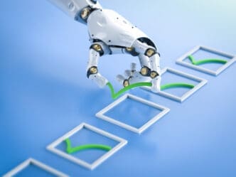 A white robotic hand placing a green checkmark into a square checkbox, part of a series of checkboxes, on a light blue surface, symbolizing completion or validation.