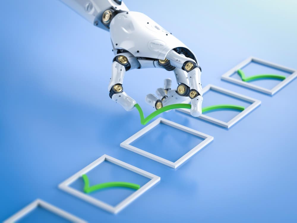 A white robotic hand placing a green checkmark into a square checkbox, part of a series of checkboxes, on a light blue surface, symbolizing completion or validation.