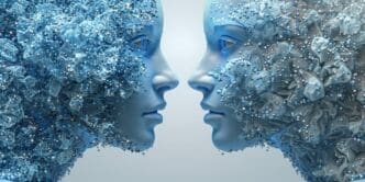 Two ethereal, blue-toned humanoid faces covered in sparkling particles, facing each other in profile, symbolizing AI interaction or comparison.